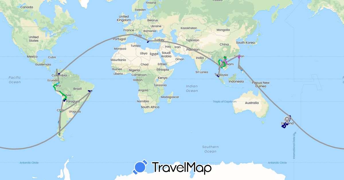 TravelMap itinerary: driving, bus, plane, train, hiking, boat, motorbike in Argentina, Bolivia, Brazil, Chile, Colombia, France, Greece, Indonesia, Cambodia, Laos, Myanmar (Burma), New Zealand, Peru, Philippines, Thailand, Taiwan, Vietnam (Asia, Europe, Oceania, South America)